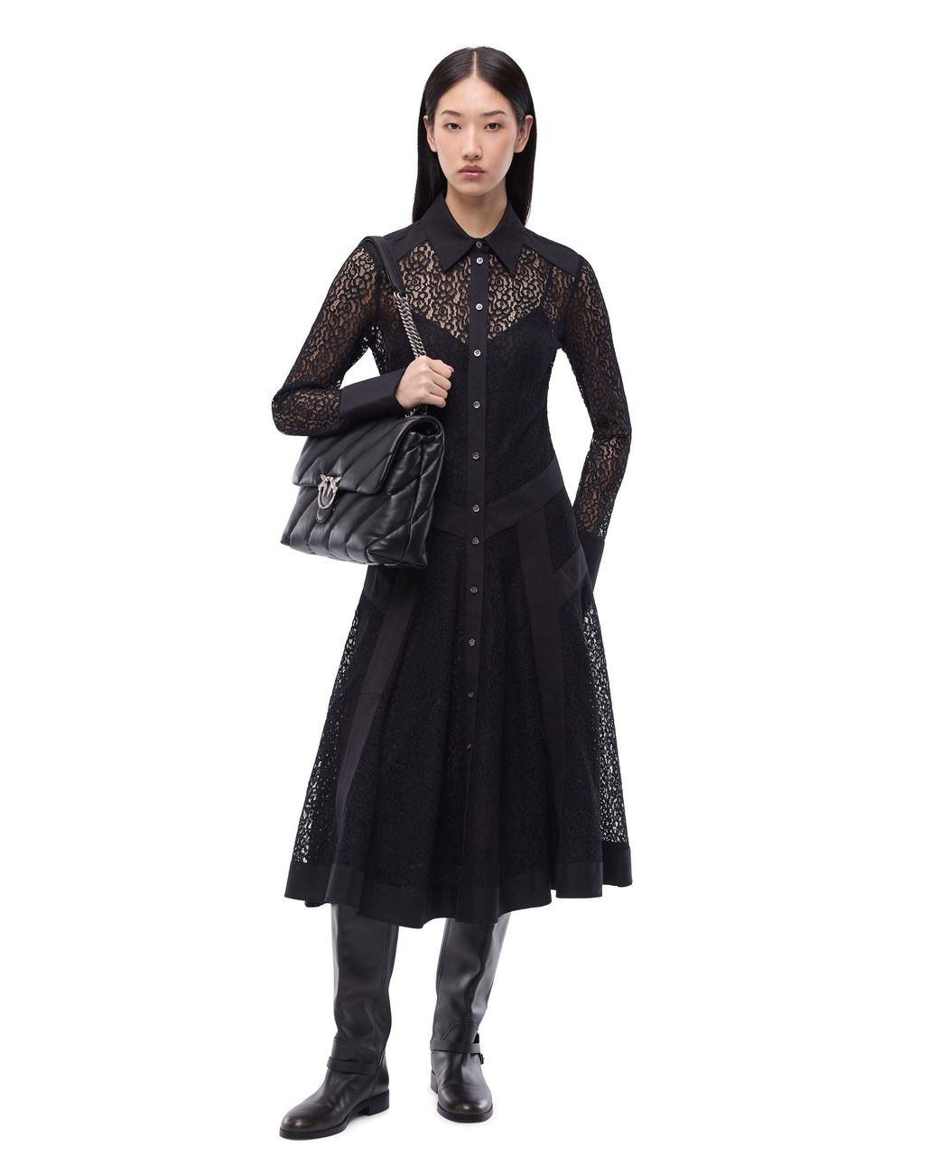Pinko Black Lace Midi Shirt Dress With Inserts