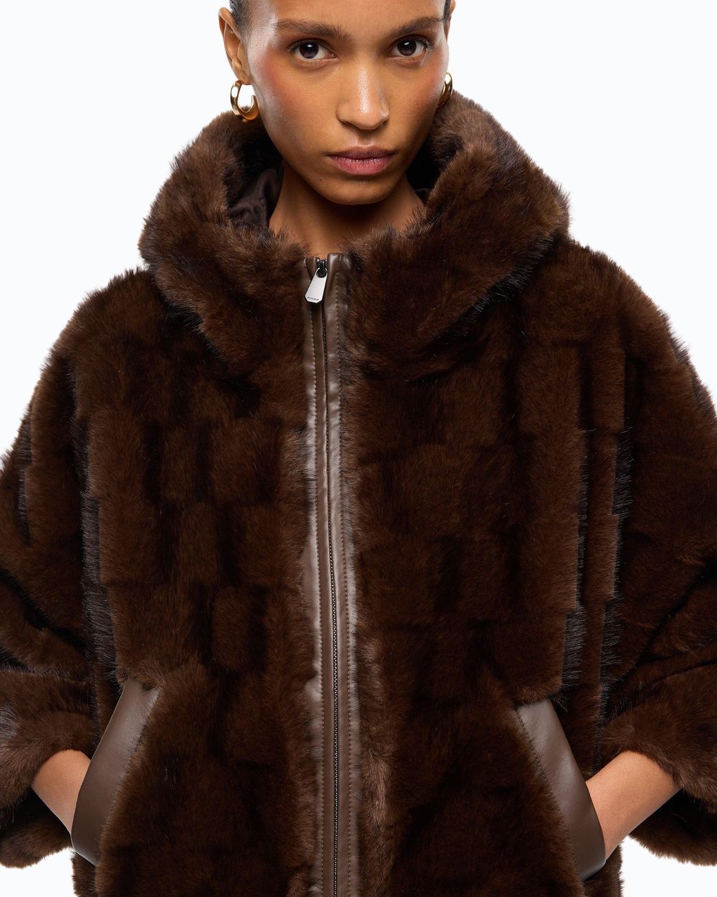 Pinko Brown Faux Fur Blouson Jacket With Hood