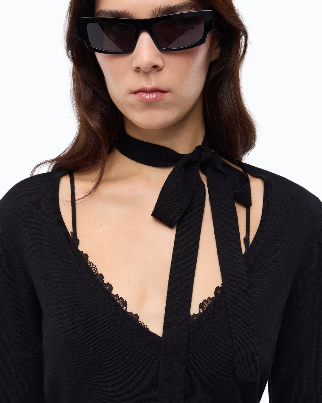 Pinko Black Wool Sweater With Lace And Sash