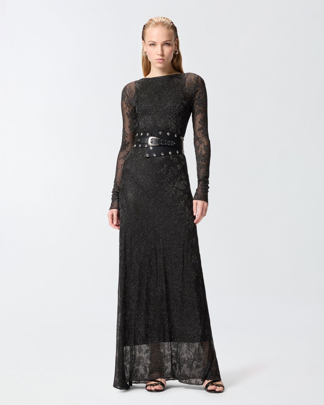 Pinko Black Long Dress With Mesh And Floral Lace