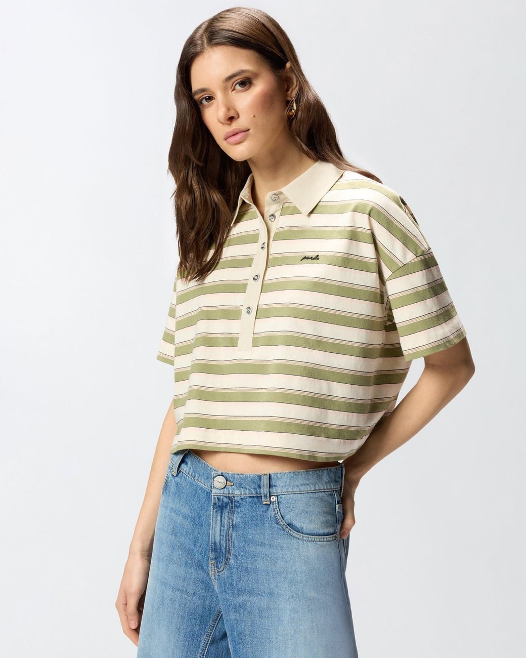 Pinko White Cropped Striped Jersey Polo With Structured Collar