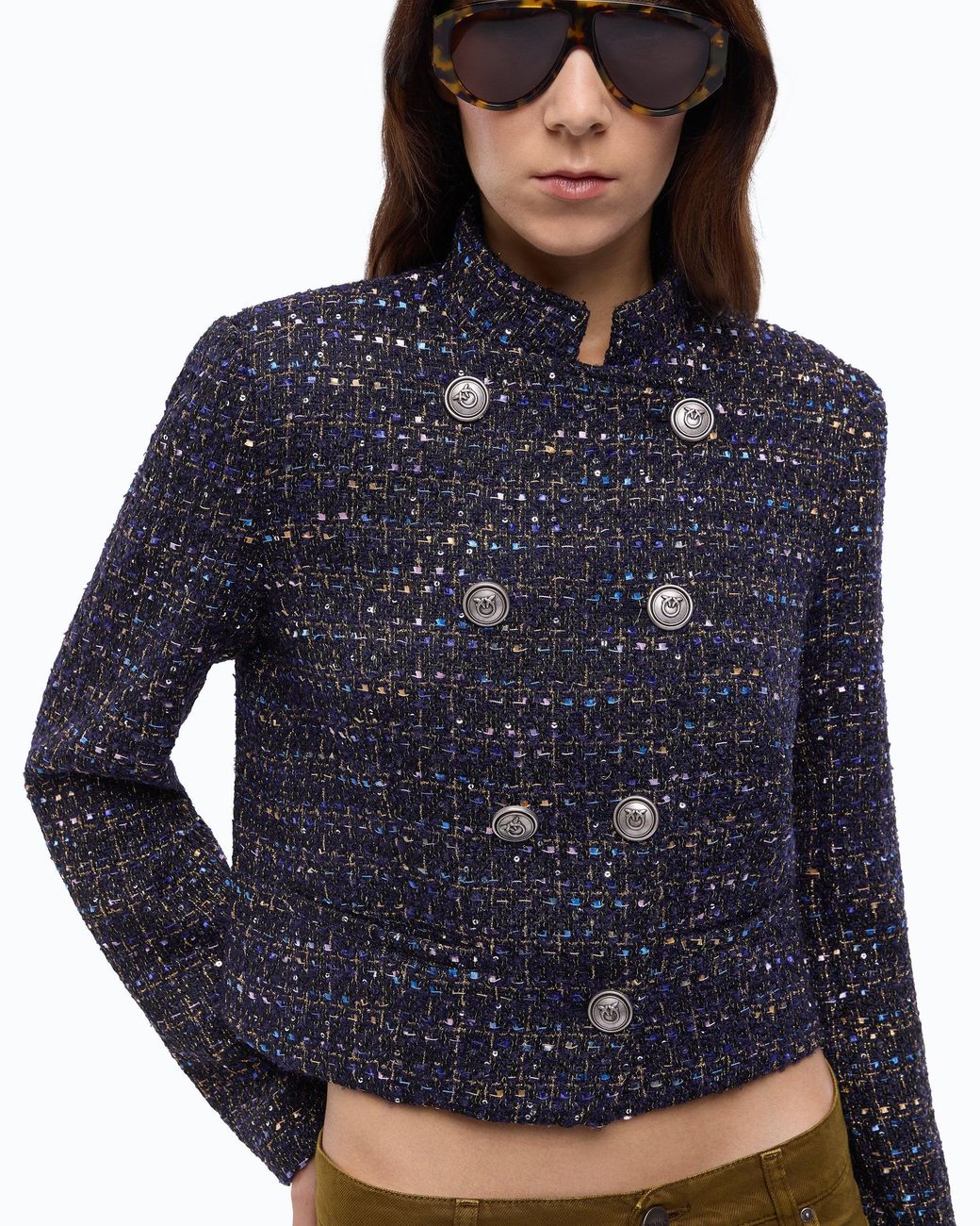Pinko Blue Cropped Bouclé Tweed Jacket With Metal Buttons