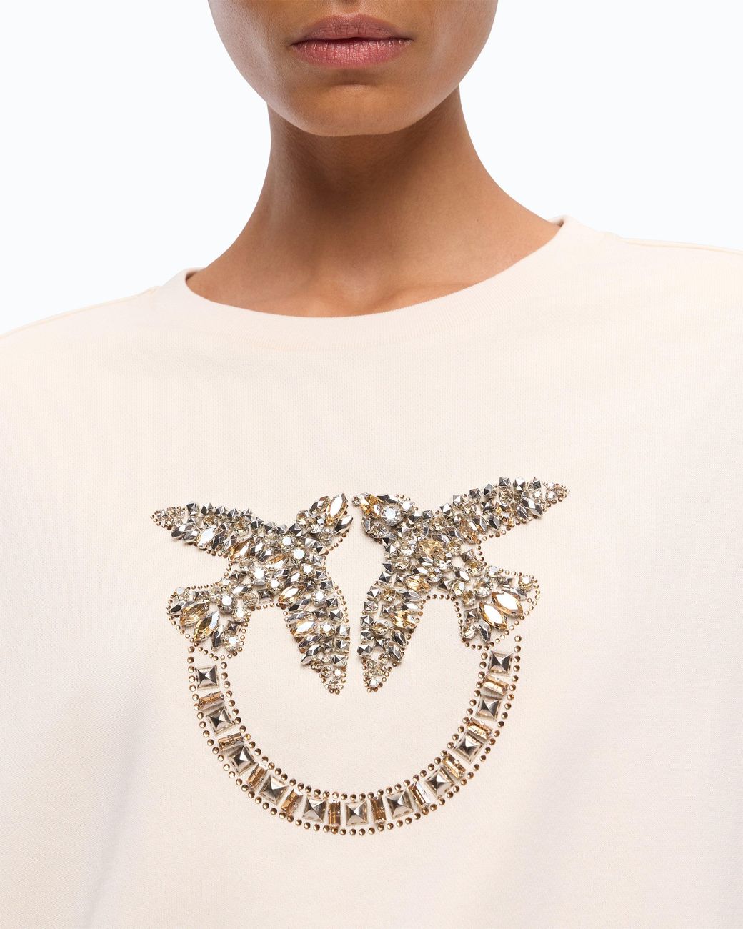 Pinko White Sweatshirt With Bejewelled Love Birds Logo