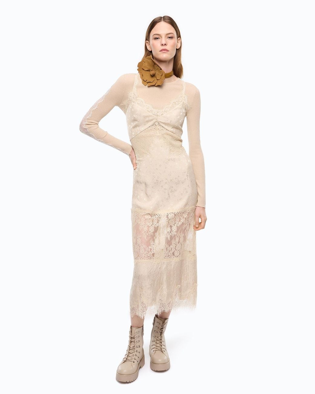 Pinko Natural Midi Slip Dress With Lace Bands