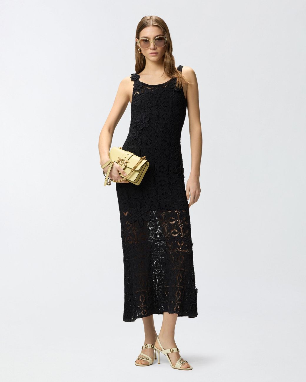 Pinko Blue Crochet-Effect Midi Dress With Appliqué Flowers