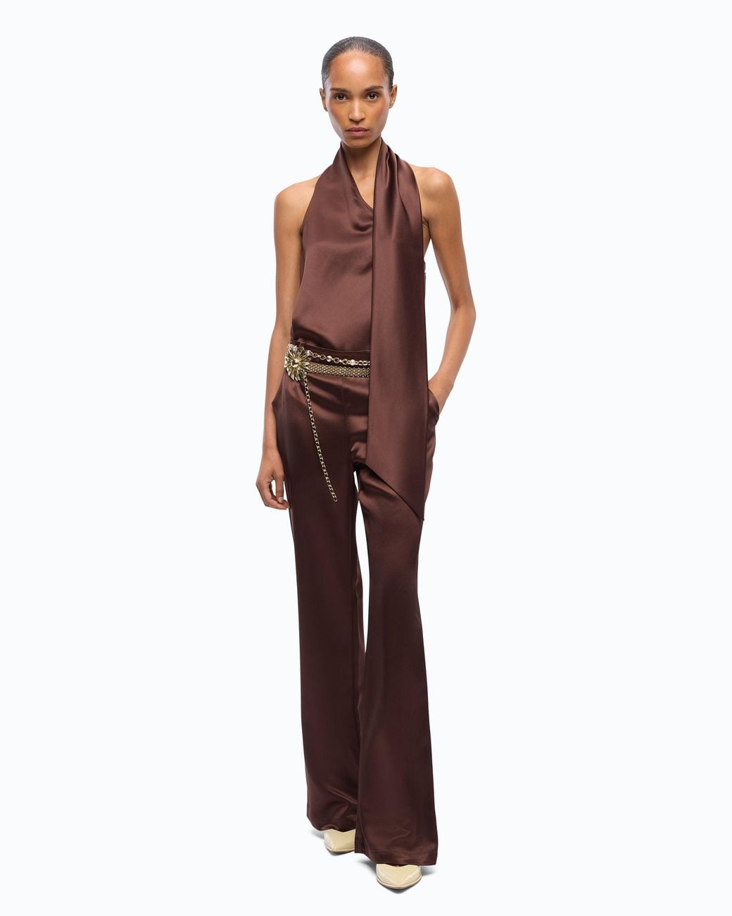Pinko Purple Long Satin Jumpsuit With Sash