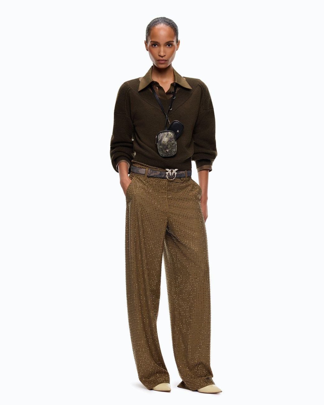 Pinko Natural Barrel-Fit Trousers With Rhinestones