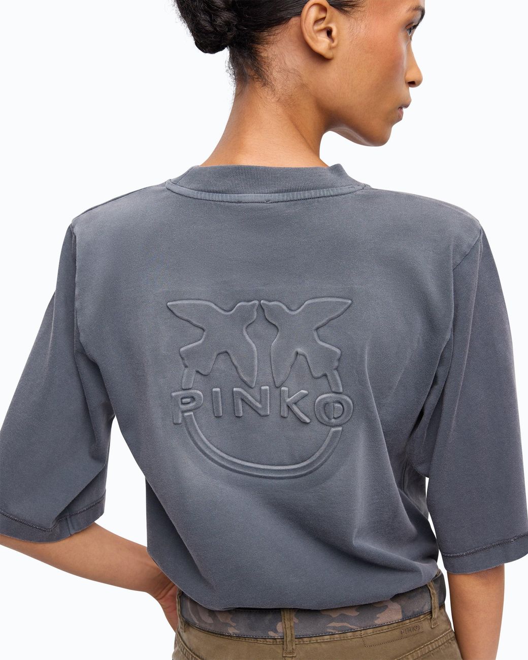 Pinko Blue Faded-Effect T-Shirt With Love Birds Logo