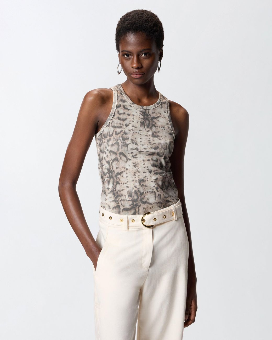 Pinko White Ribbed Vest Top With Snake Print