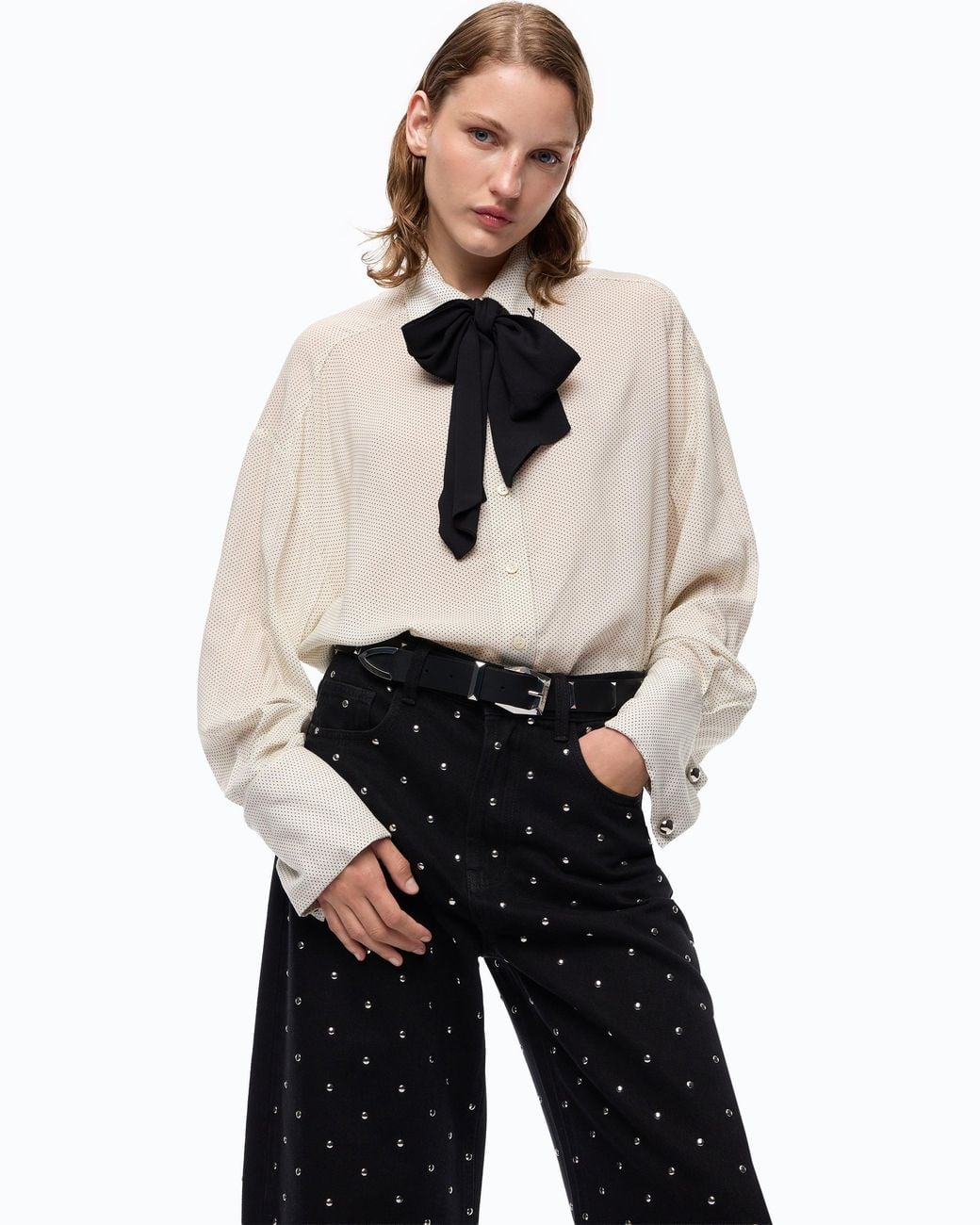 Pinko White Poplin Shirt With Removable Tie And Polka Dots