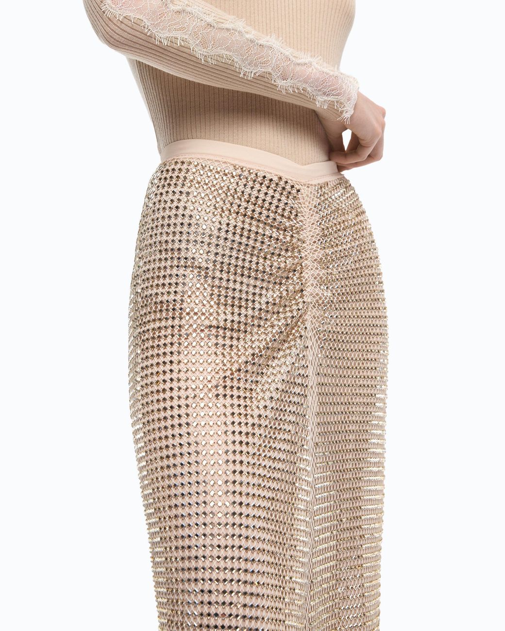 Pinko White Mesh-Effect Calf-Length Skirt With Rhinestones