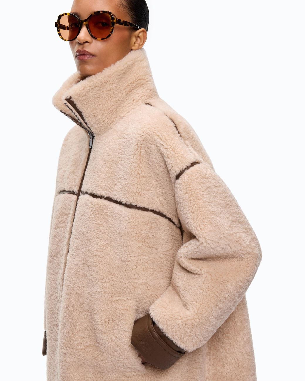 Pinko Natural Shearling-Effect Pea Coat With High Neck