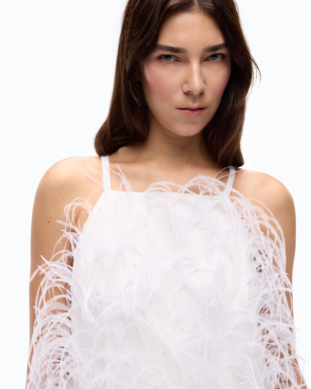 Pinko White Short Dress With Feathers