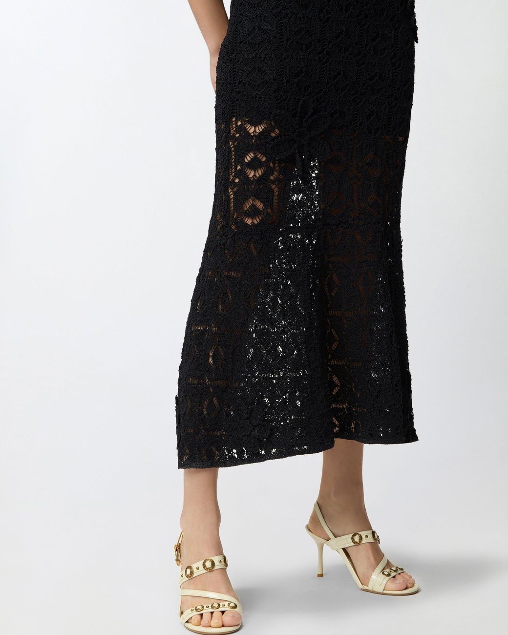 Pinko Blue Crochet-Effect Midi Dress With Appliqué Flowers