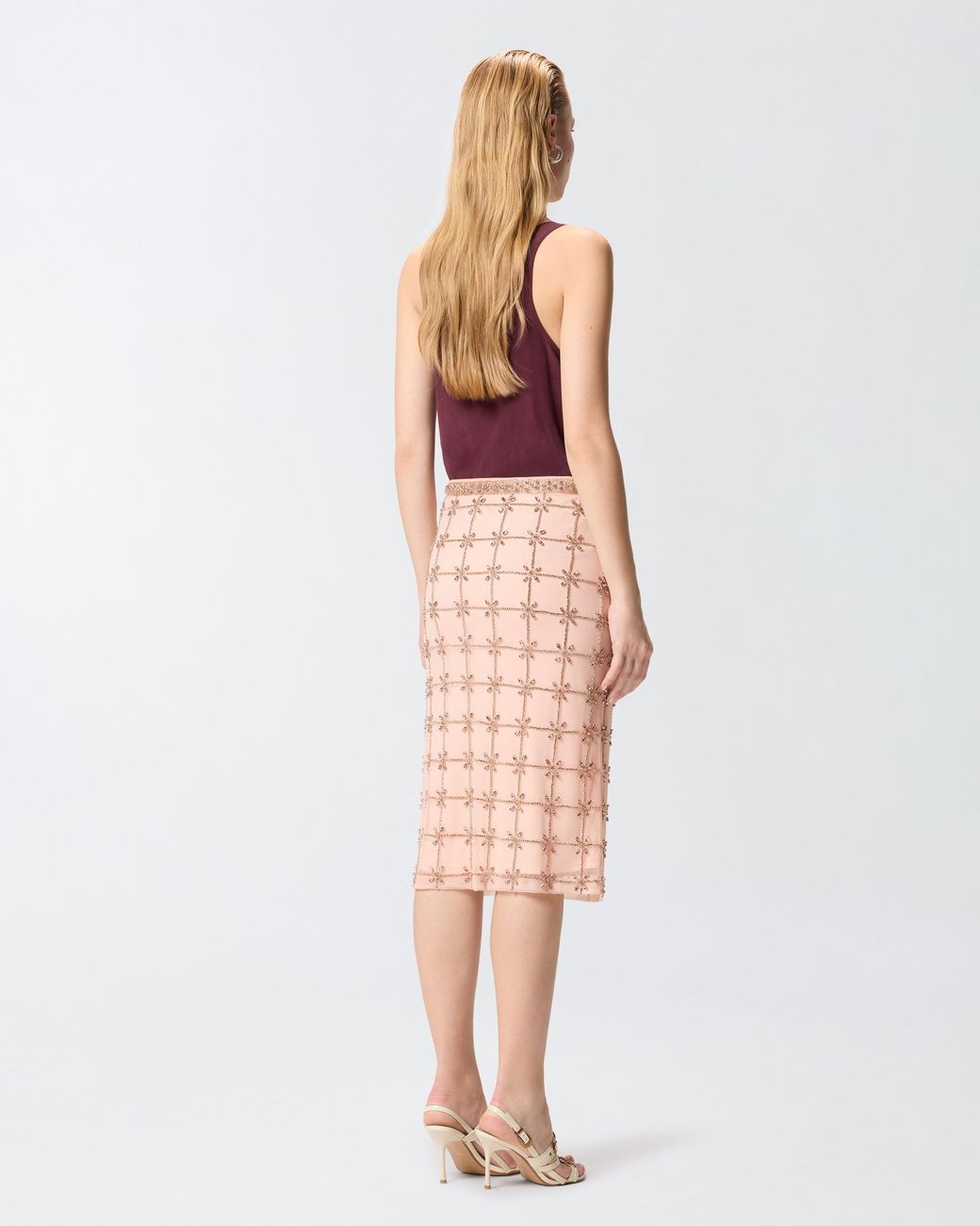 Pinko Pink Mesh Calf-Length Skirt With Crystals