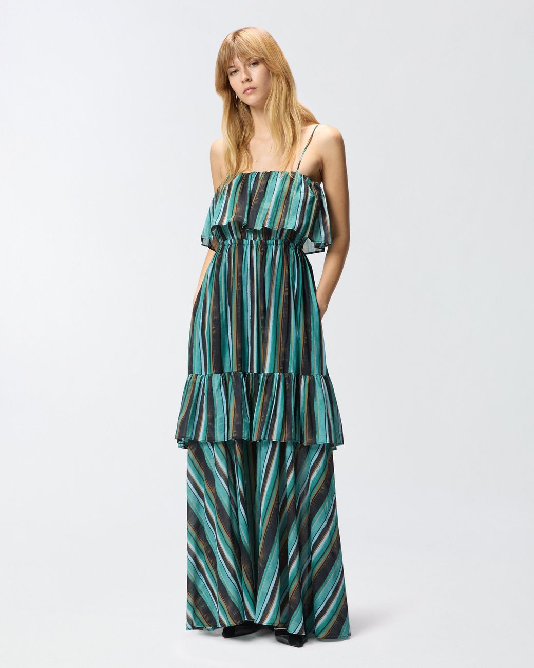 Pinko Green Long Muslin Dress With Brushed Striped Print