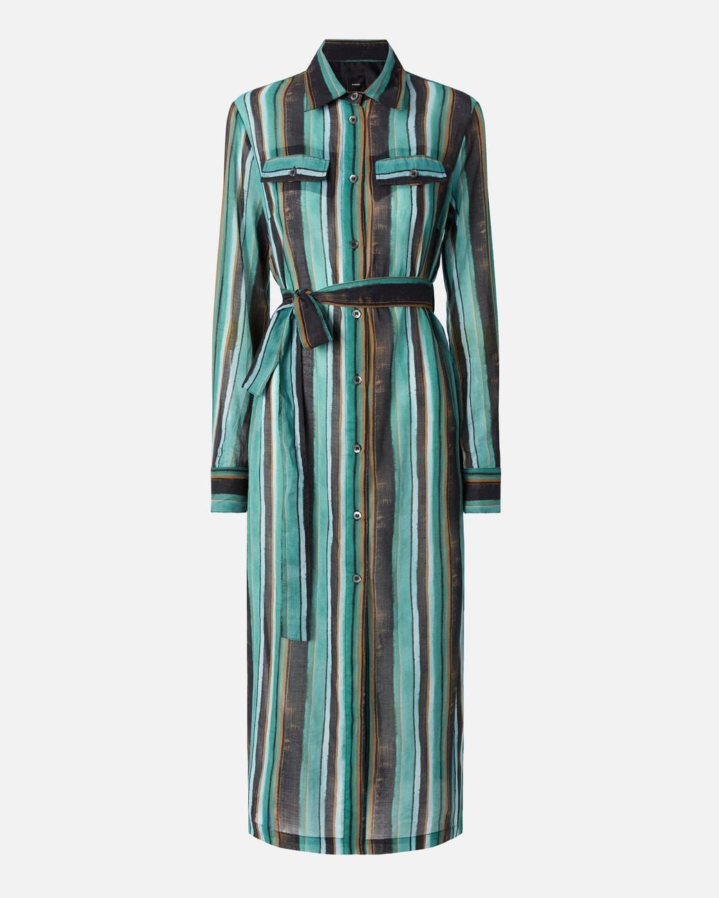Pinko Green Cotton Midi Shirt Dress With Brushstroke-Effect Stripes