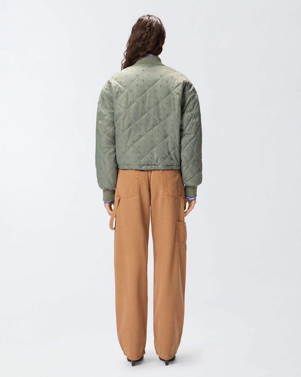Pinko Green Quilted Bomber Jacket With Rhinestones And Studs