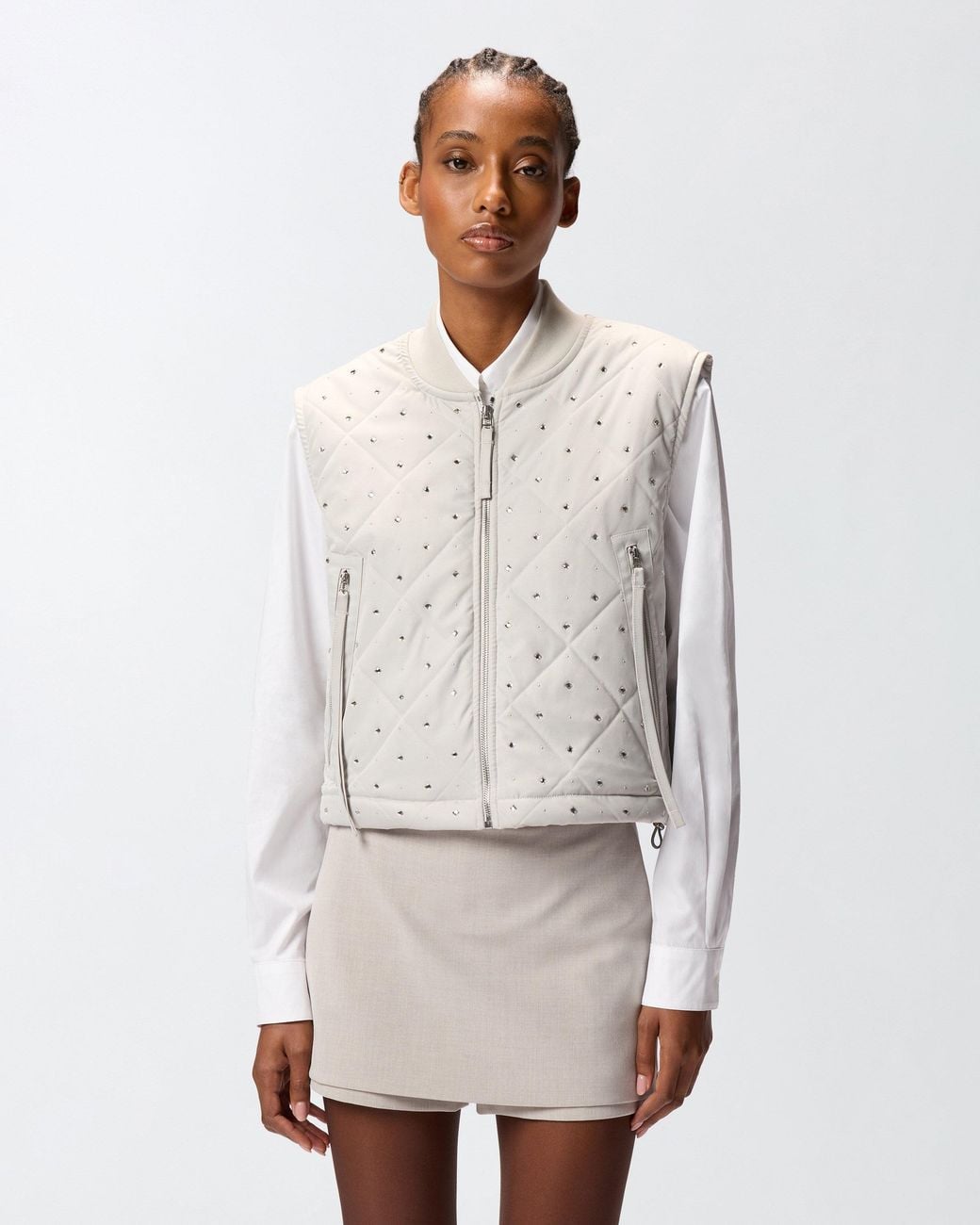 Pinko White Quilted Vest With Rhinestones And Studs
