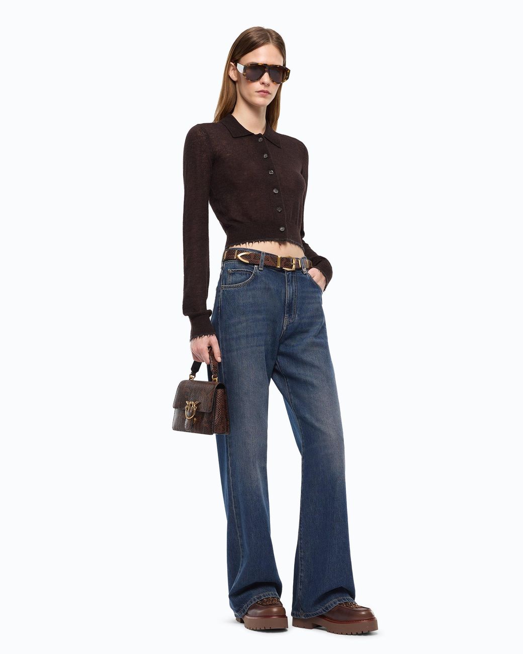 Pinko Black Cropped Cardigan With Polo Collar