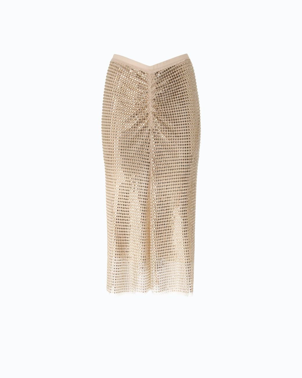 Pinko White Mesh-Effect Calf-Length Skirt With Rhinestones
