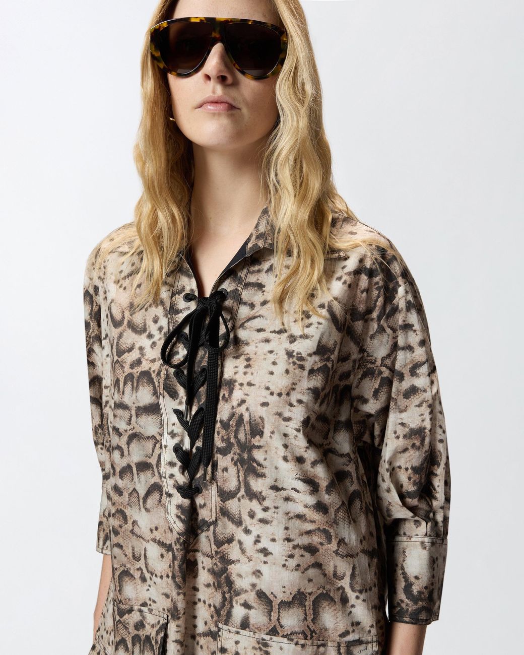 Pinko White Mini Dress With Snake Print And Neckline Ribbons