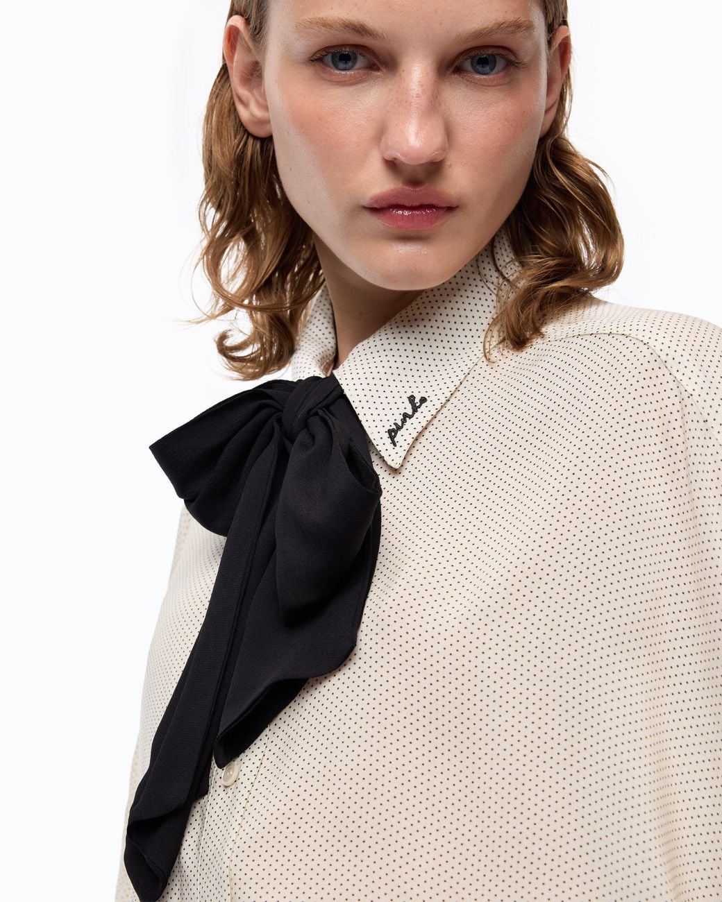 Pinko White Poplin Shirt With Removable Tie And Polka Dots