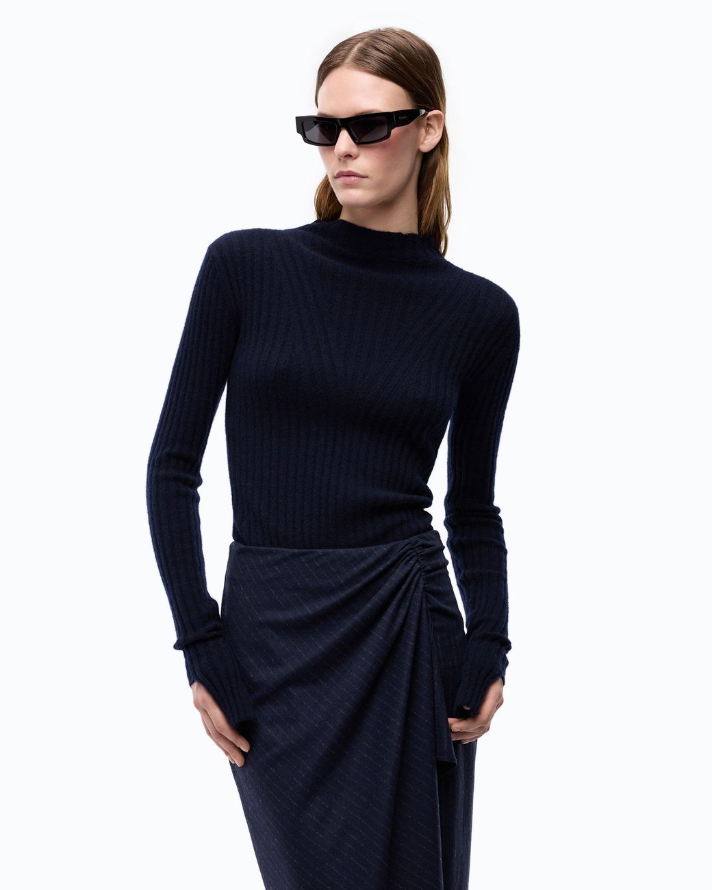 Pinko Blue Wool Midi Dress With Pinstriped Skirt