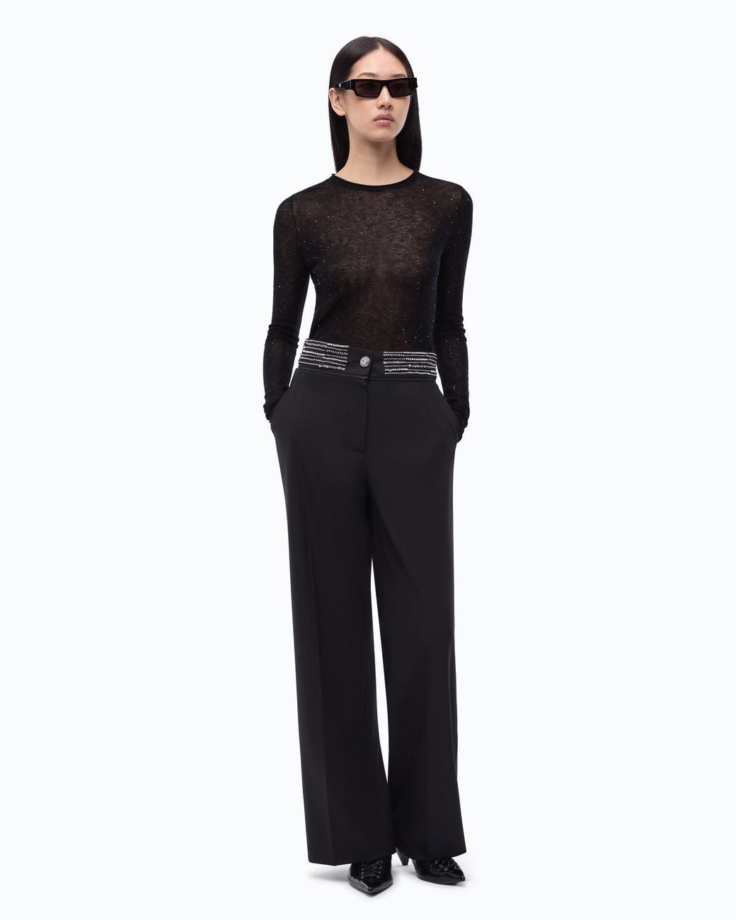 Pinko Black Palazzo Trousers With Jewel Waist