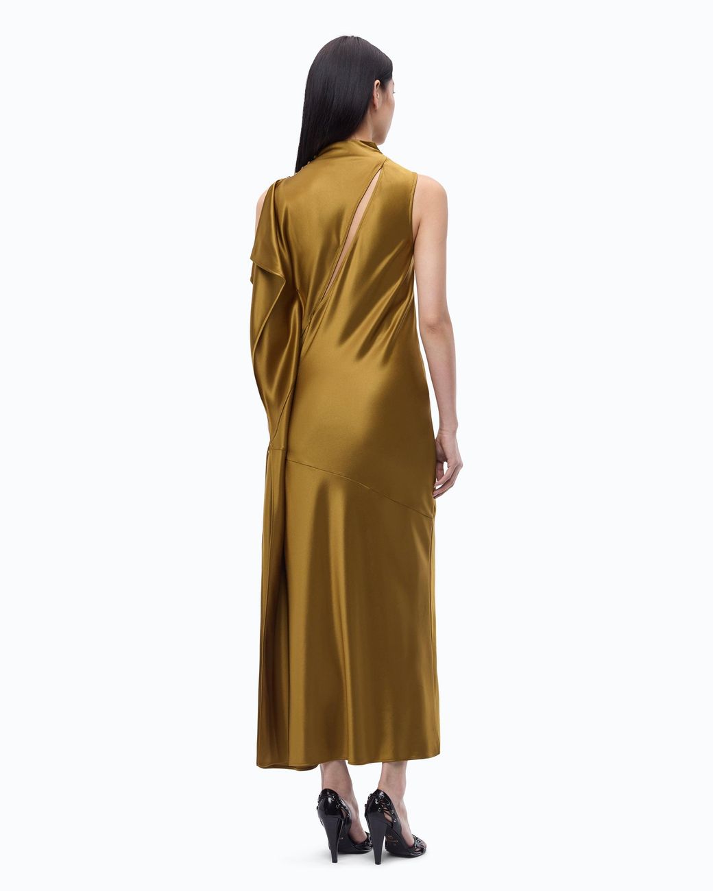 Pinko Metallic Long, One-Shoulder Satin Dress