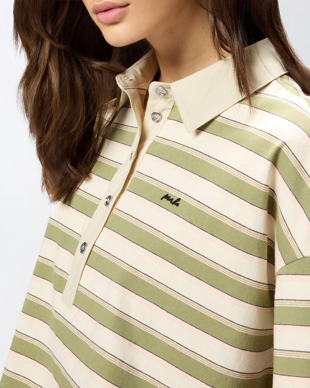 Pinko White Cropped Striped Jersey Polo With Structured Collar