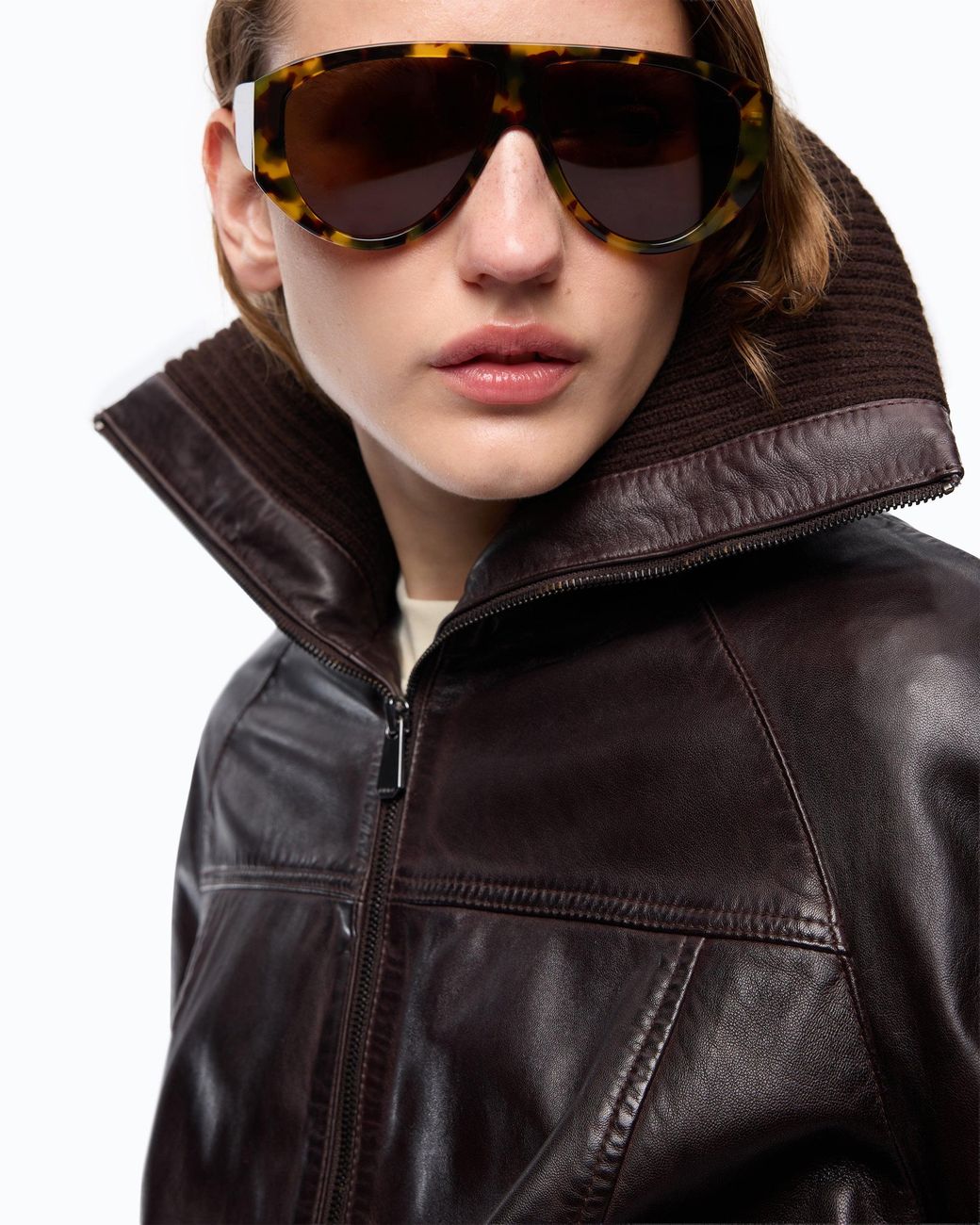 Pinko Black Leather Bomber Jacket With Fold-Down Collar