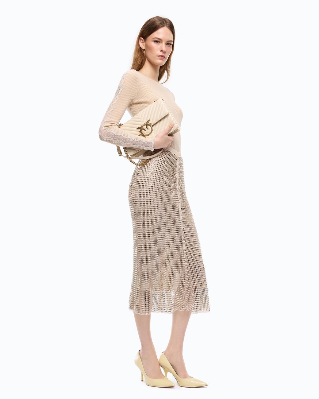 Pinko White Mesh-Effect Calf-Length Skirt With Rhinestones