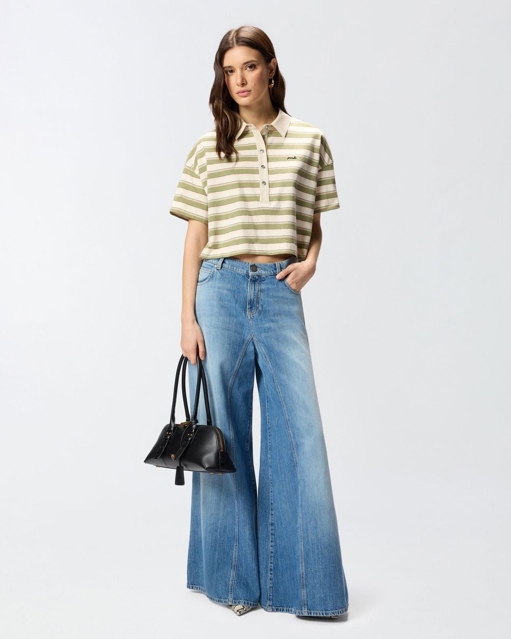 Pinko White Cropped Striped Jersey Polo With Structured Collar