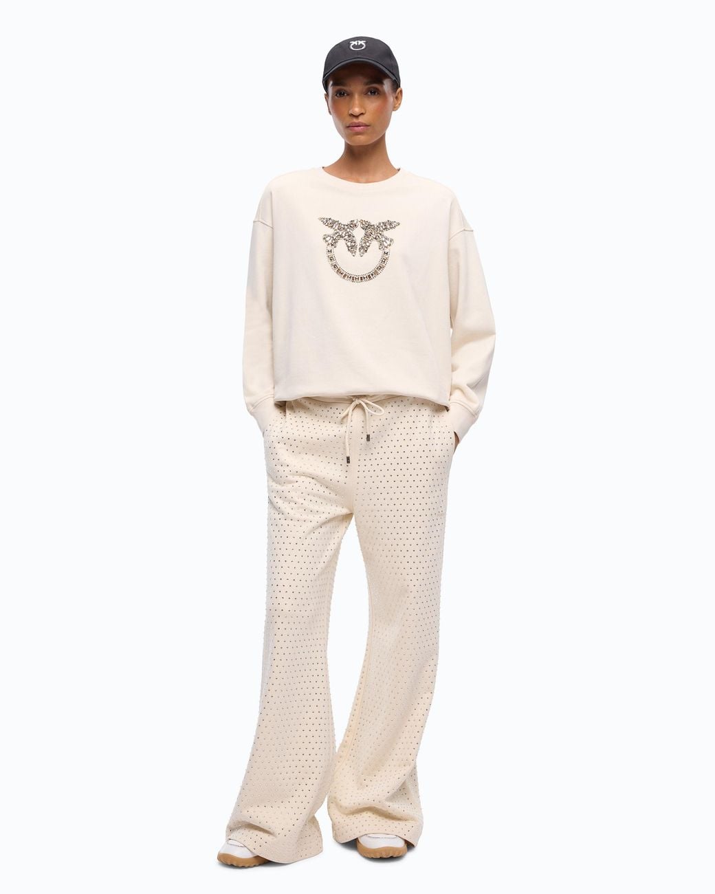 Pinko White Sweatshirt With Bejewelled Love Birds Logo