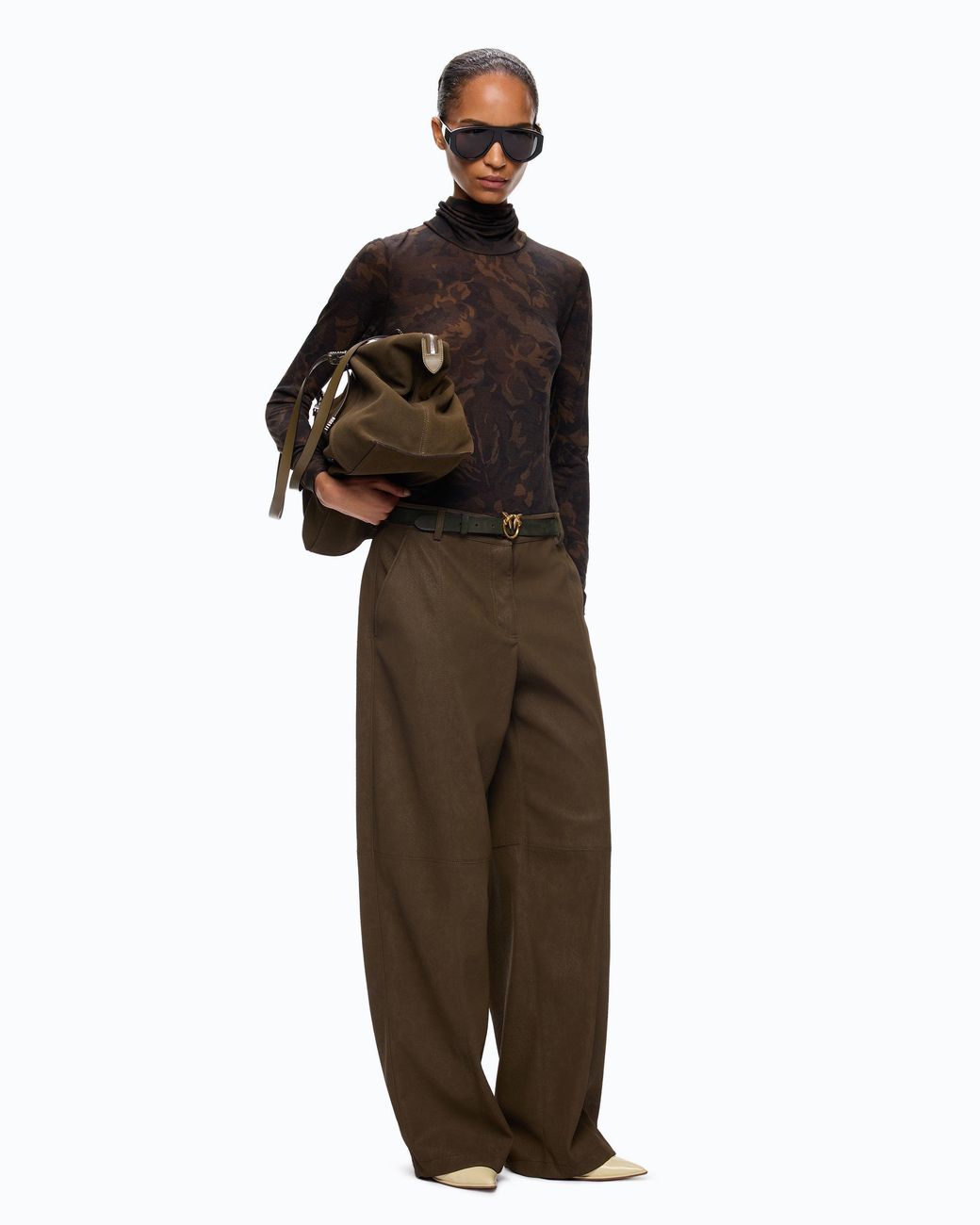 Pinko Natural Straight-Fit Nubuck Leather-Effect Trousers