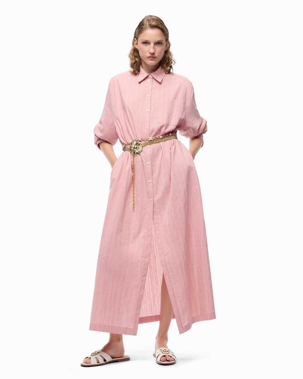 Pinko Pink Long Striped Chemisier Dress With Floral Embroidery