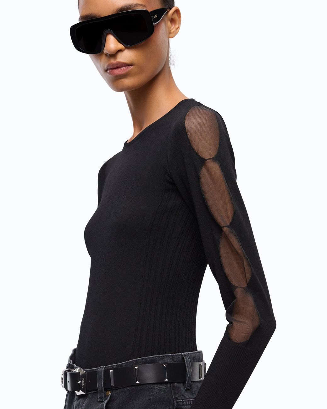 Pinko Black Lightweight Ribbed Sweater With Sheer Details