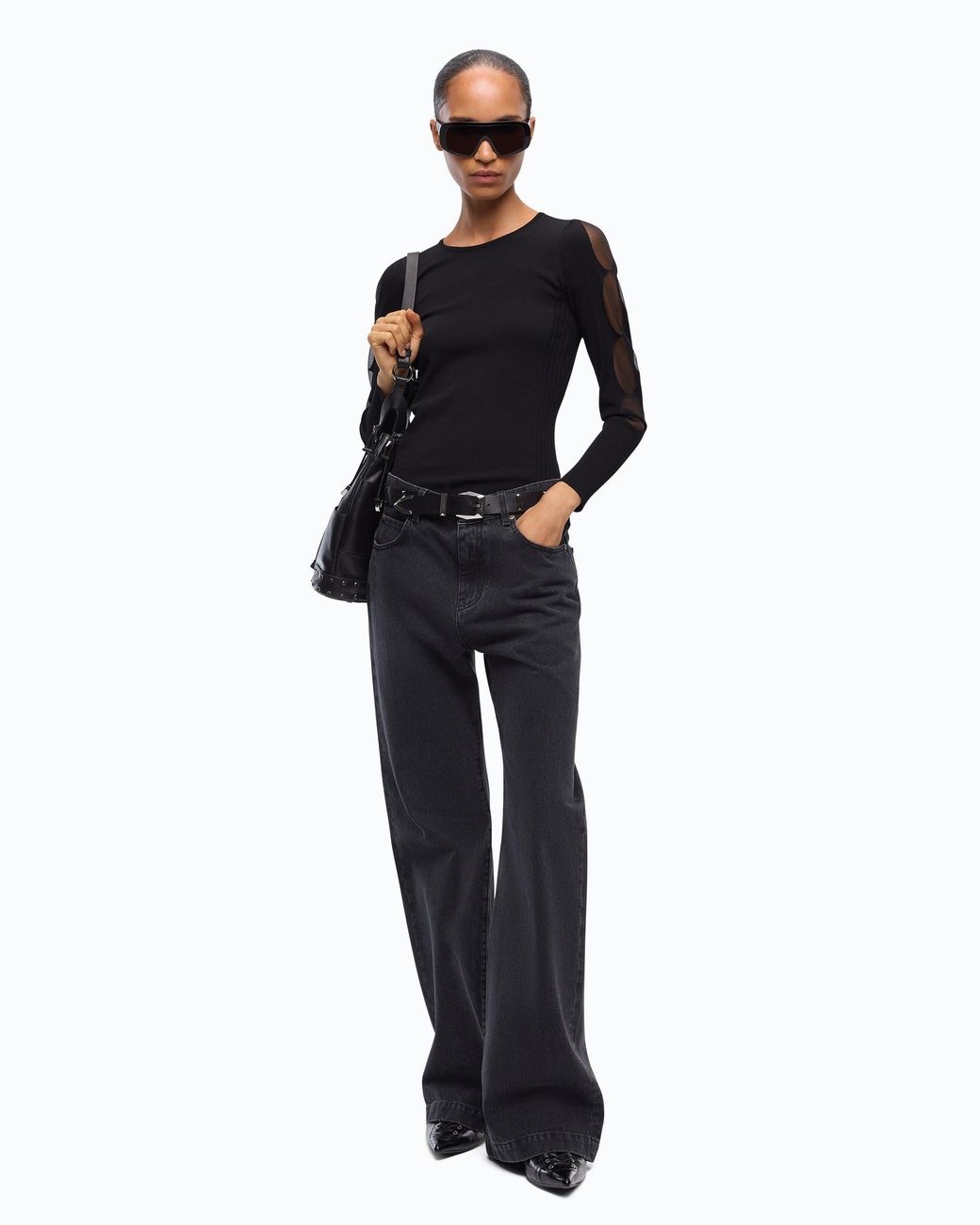 Pinko Black Lightweight Ribbed Sweater With Sheer Details