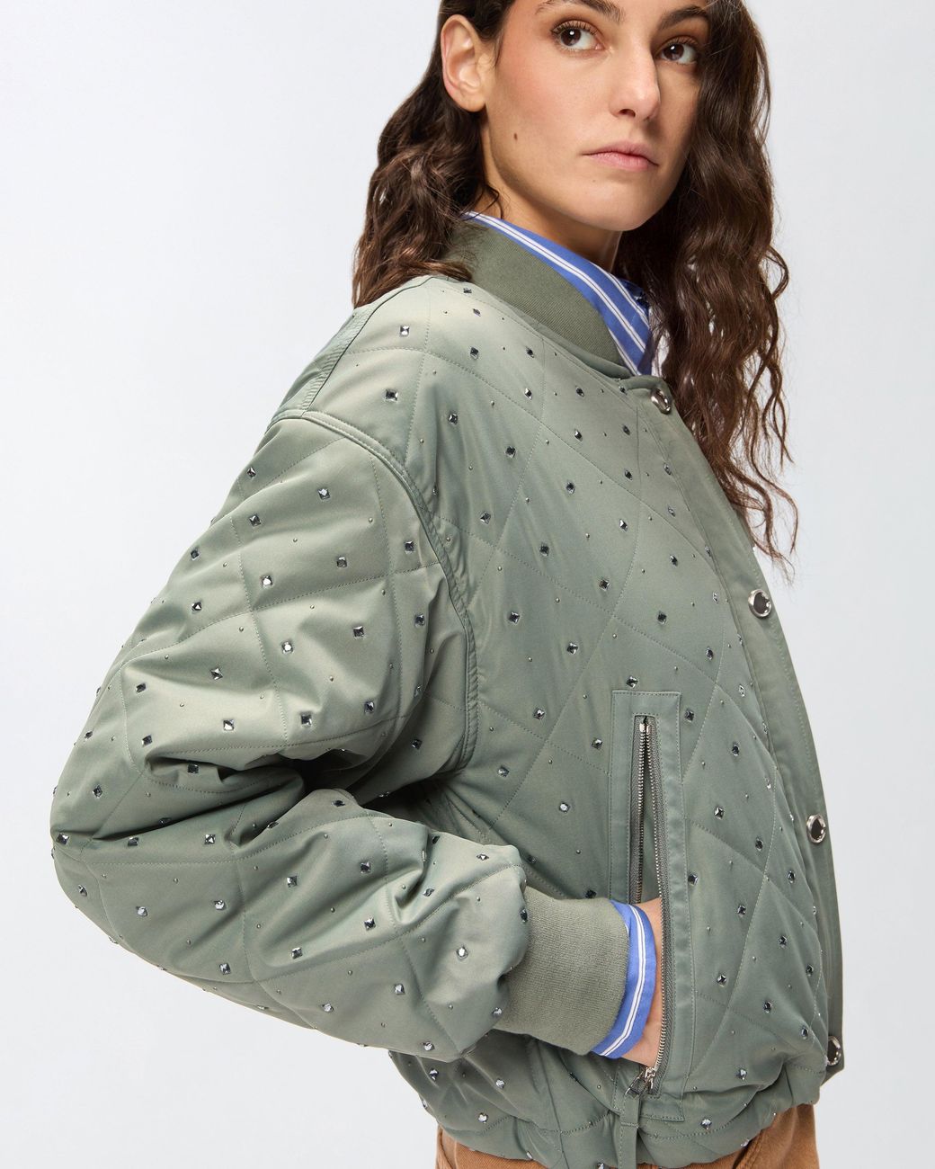 Pinko Green Quilted Bomber Jacket With Rhinestones And Studs