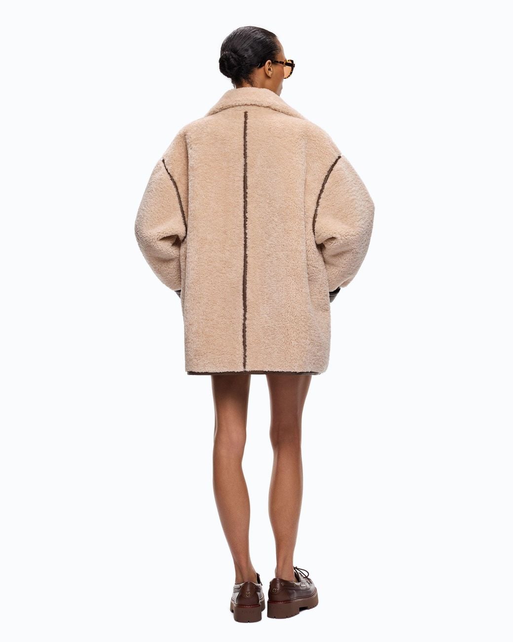 Pinko Natural Shearling-Effect Pea Coat With High Neck