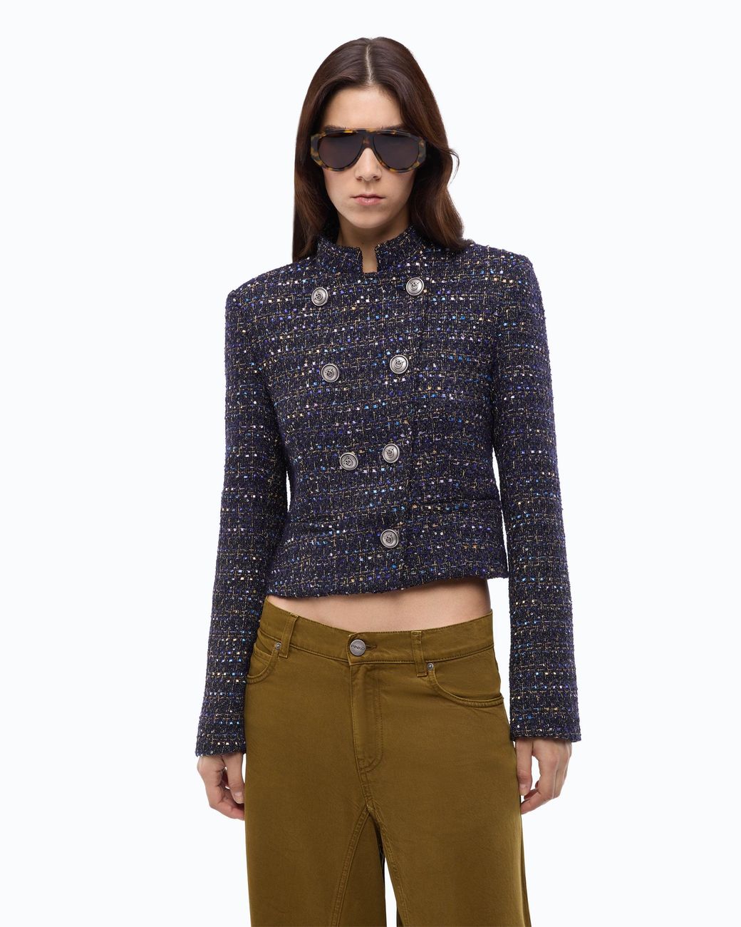 Pinko Blue Cropped Bouclé Tweed Jacket With Metal Buttons