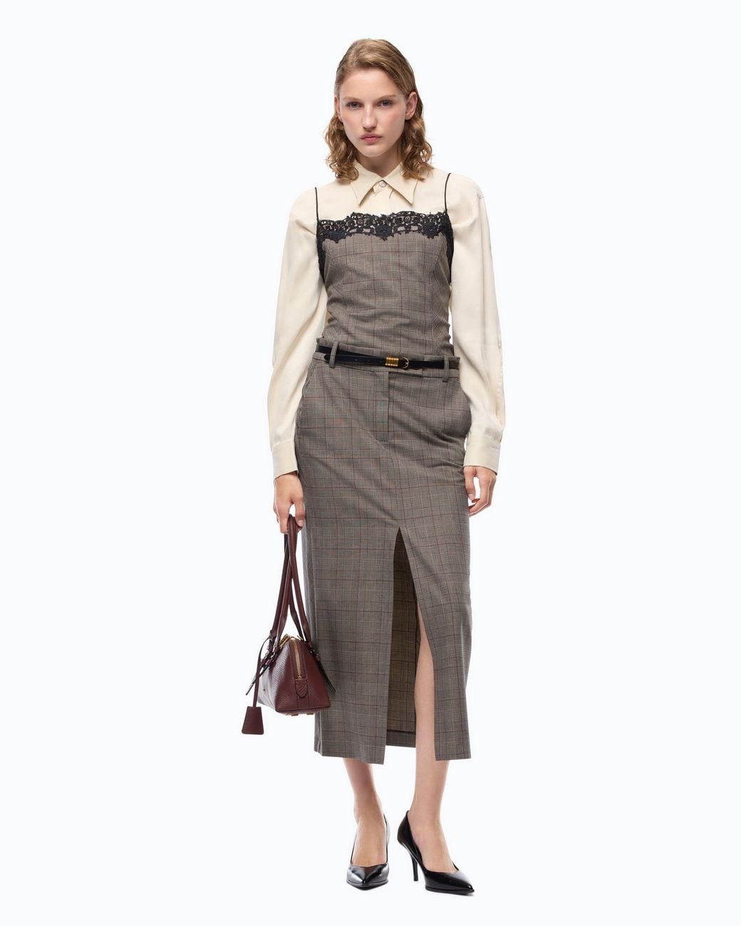 Pinko Gray Check Wool Calf-Length Skirt