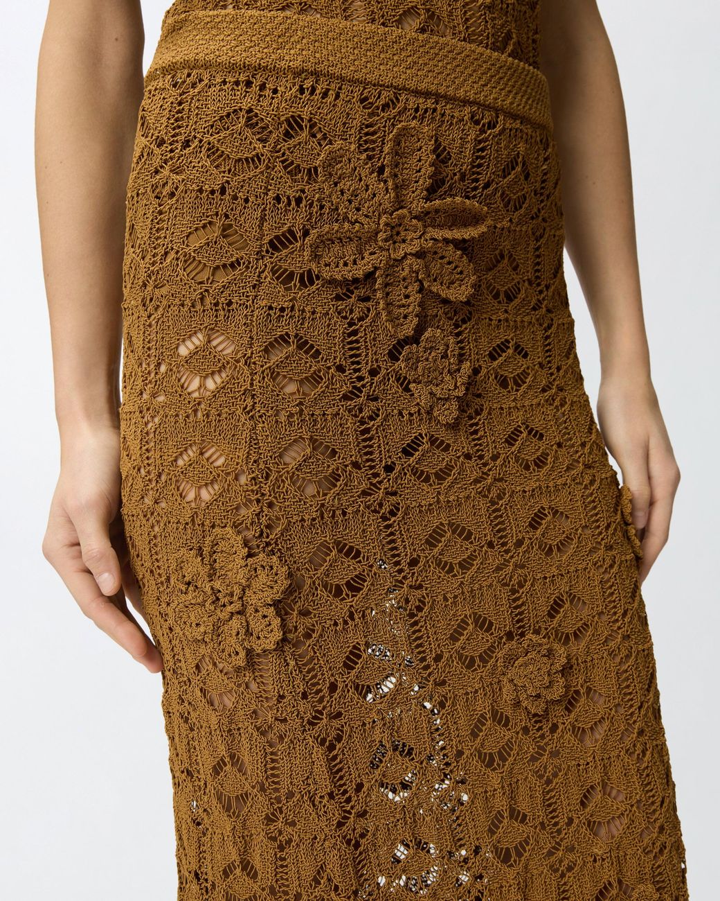 Pinko Natural Crochet-Effect Midi Skirt With Appliqué Flowers