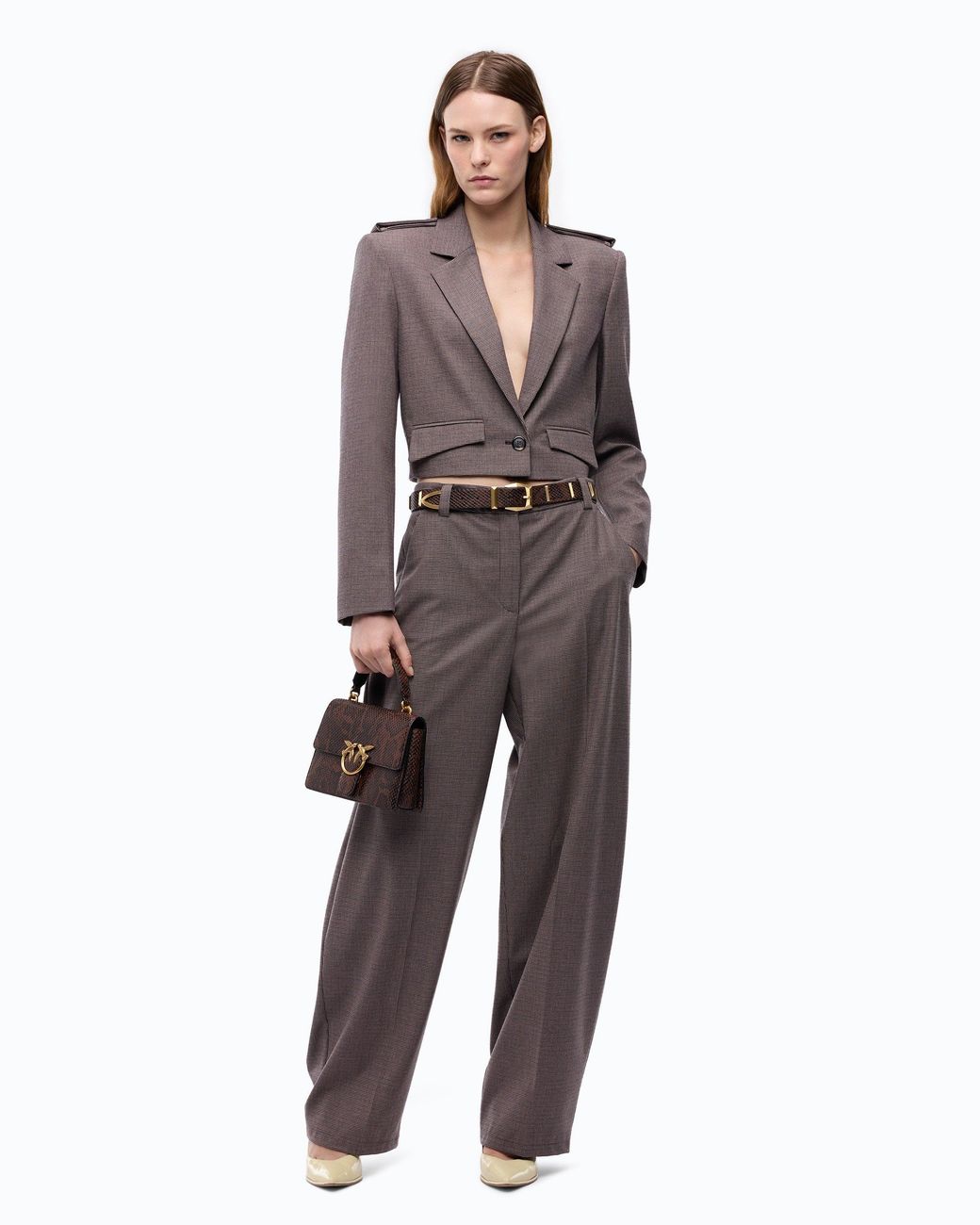 Pinko Brown Barrel-Fit Trousers With Micro Houndstooth Motif