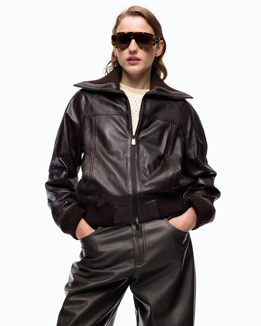 Pinko Black Leather Bomber Jacket With Fold-Down Collar