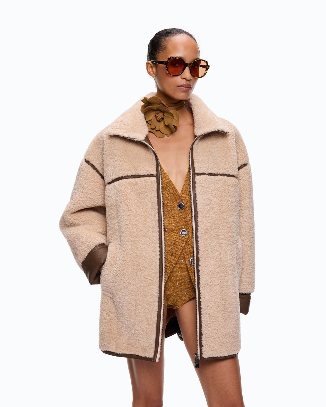 Pinko Natural Shearling-Effect Pea Coat With High Neck