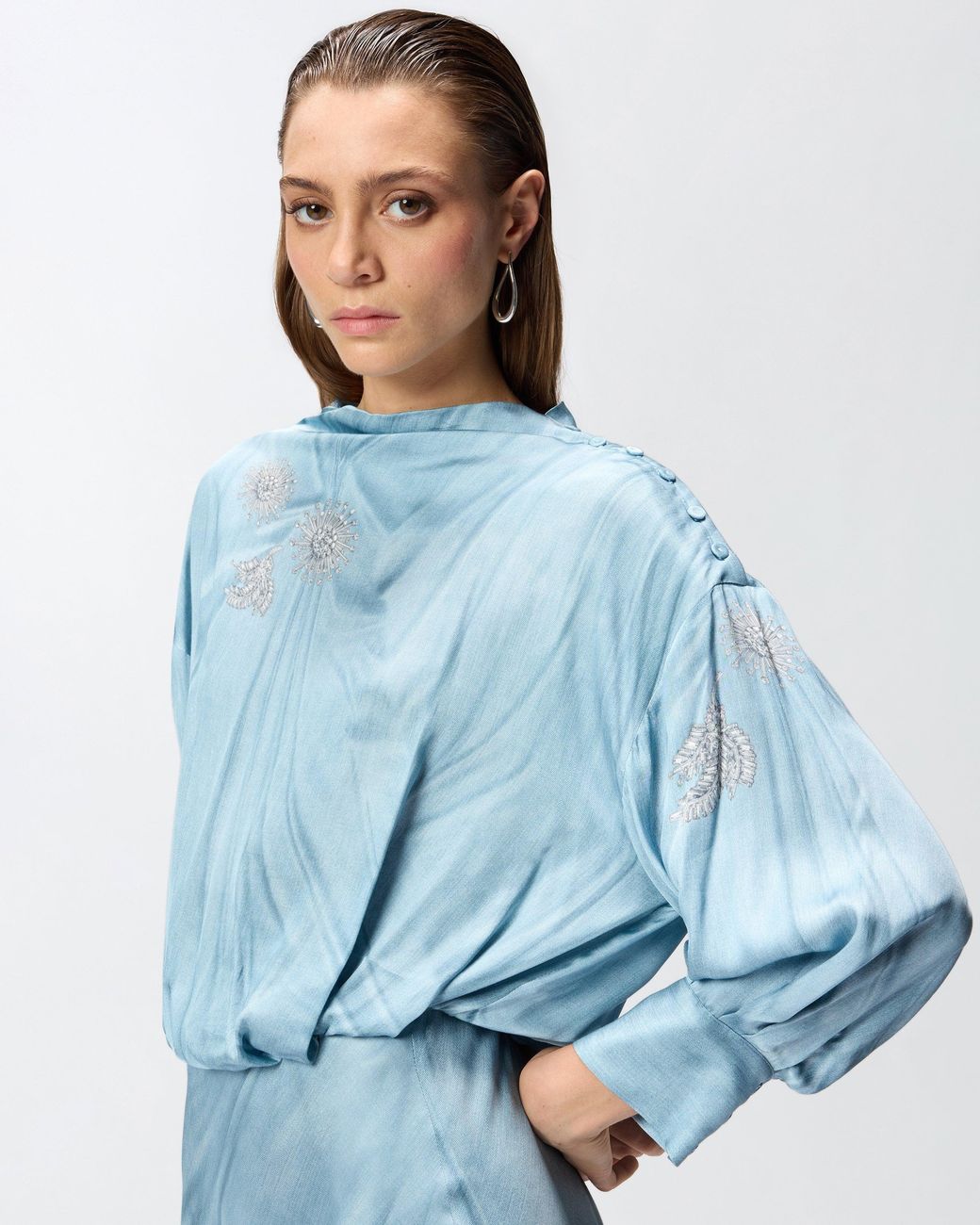 Pinko Blue Fluid Midi Dress With Placed Jewel Print
