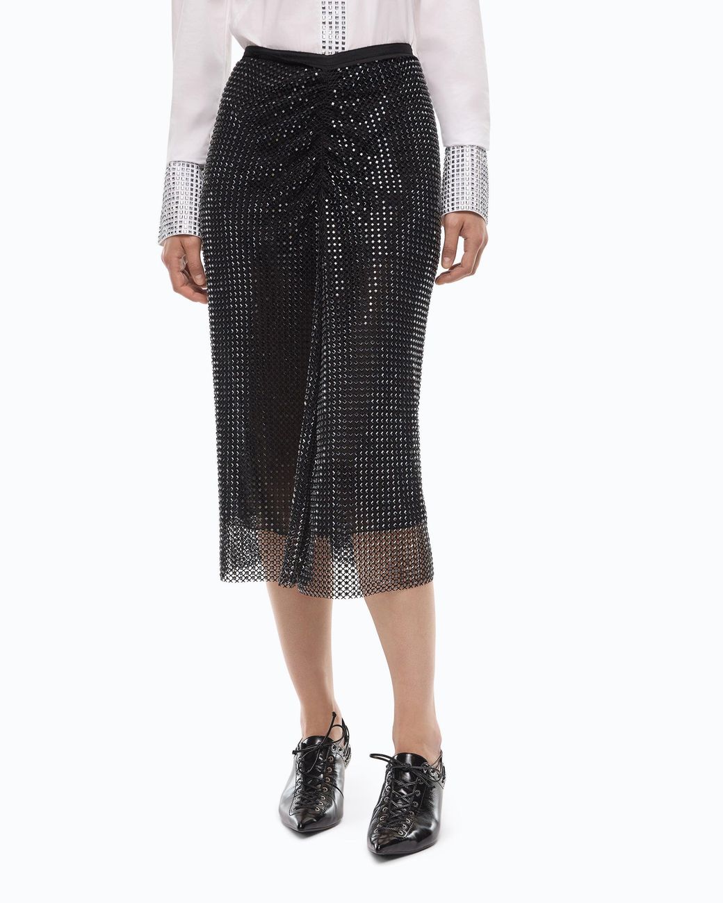 Pinko Black Mesh-Effect Calf-Length Skirt With Rhinestones
