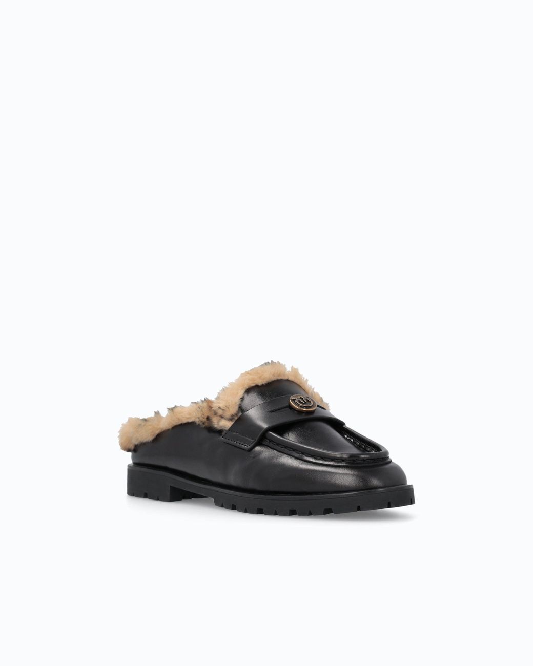 Pinko White Leather Sabot Moccasins With Faux Fur Lining